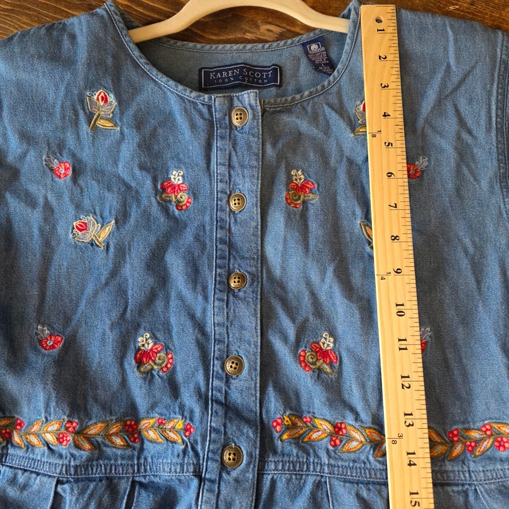 Karen Scott L Denim Dress Floral Embroidered Button Front Short Sleeve midi maxi - Picture 7 of 11